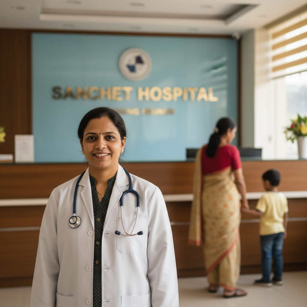 Featured image: A warm, professional photo of a smiling female doctor in a white coat with a stethoscope, standing in front of Sanchet Hospital reception in Paschim Vihar. The scene includes a mother with a child in the background to emphasize family and women’s healthcare.