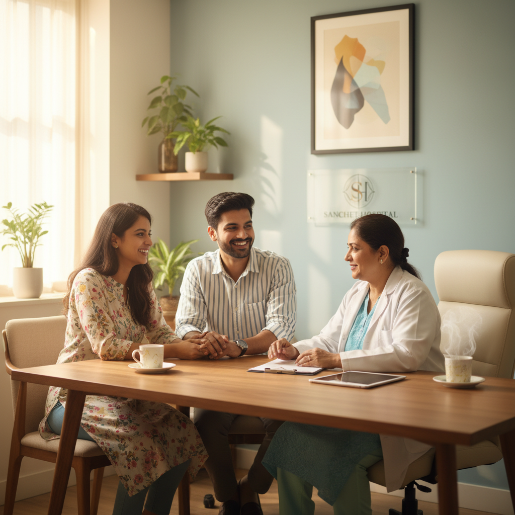 A Couple consulting fertility specialist at Sanchet Hospital, Paschim Vihar about affordable IVF in delhi