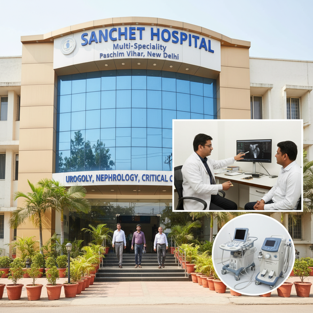Featured image: Bright, welcoming exterior of Sanchet Hospital in Paschim Vihar with signage visible; overlay shows a urologist consulting a patient and an inset of ultrasound/laser equipment. Alt text: 'Sanchet Hospital - Best Urology Hospital in Delhi'.