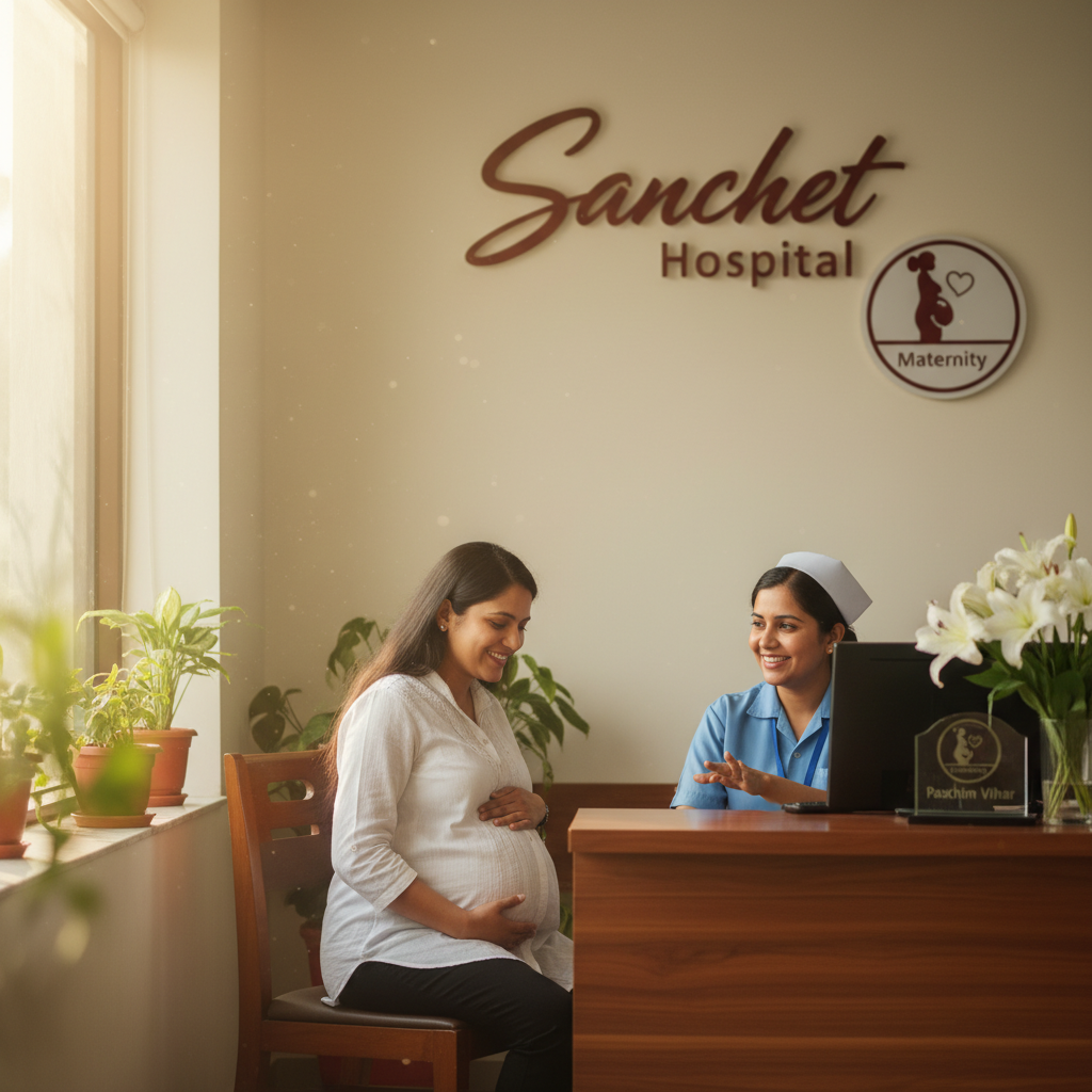 Pregnant woman booking delivery appointment at Sanchet Hospital Paschim Vihar, New Delhi