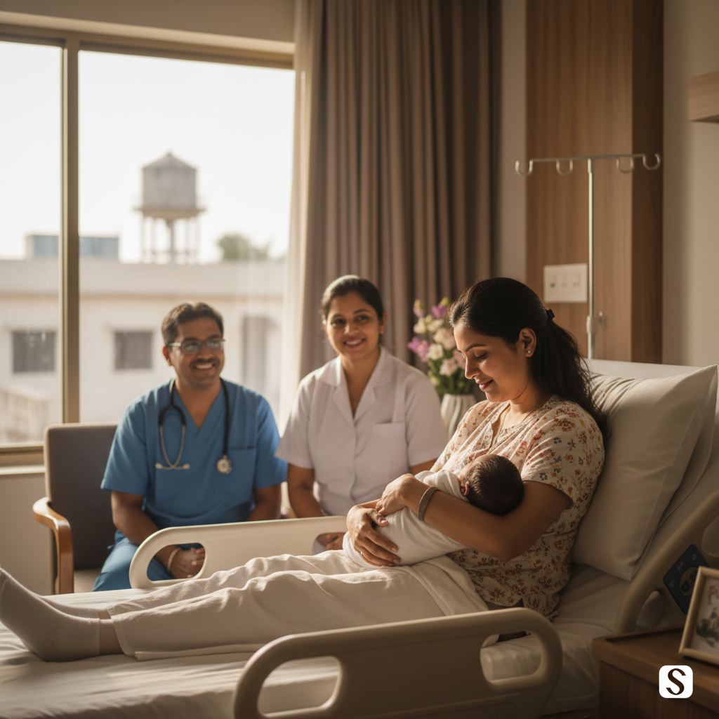Featured image: A warm, high-resolution photo of a new mother holding her newborn in a sunlit private delivery room at Sanchet Hospital, with a smiling obstetrician and nurse in the background; hospital signage or a subtle Paschim Vihar landmark visible through a window to convey location.