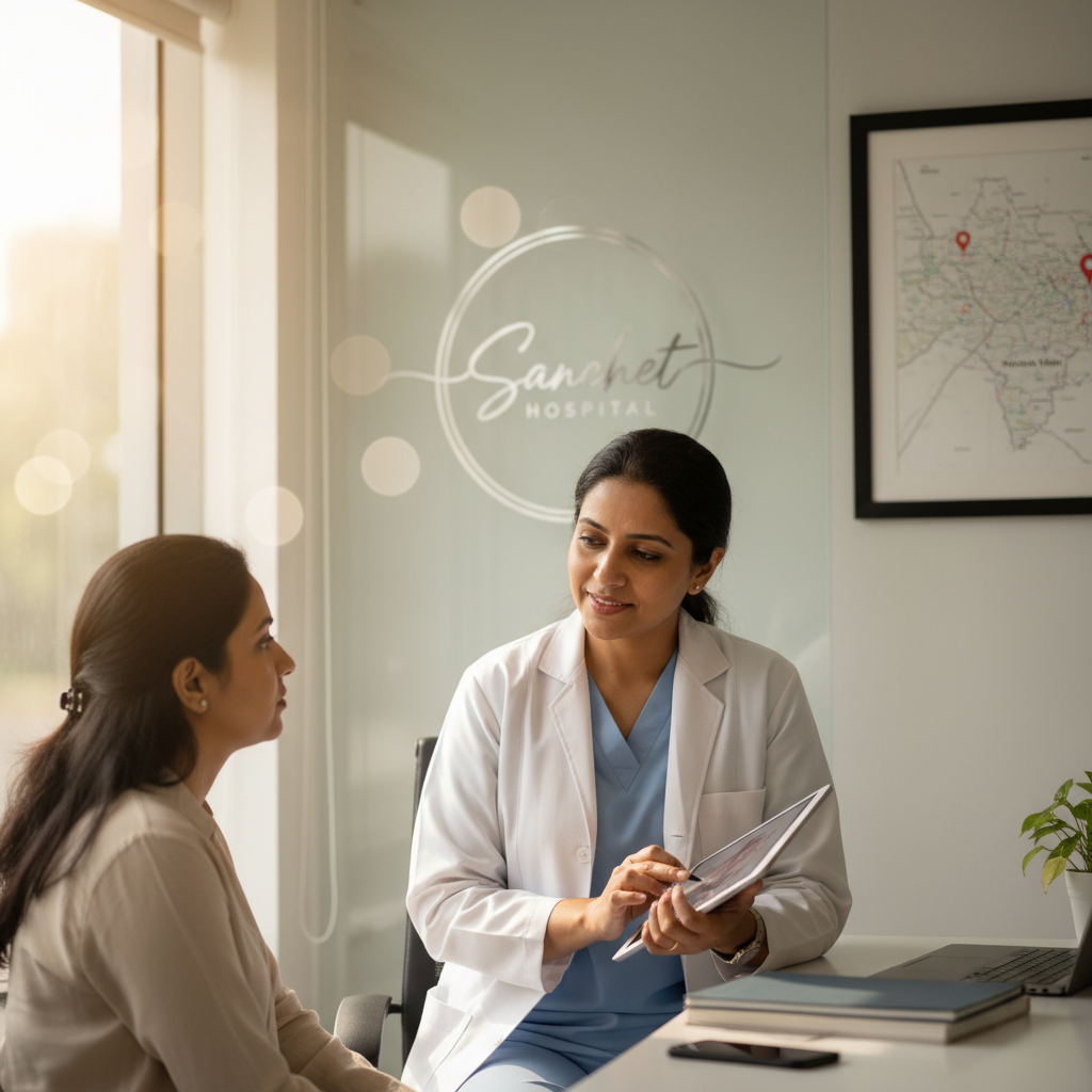 Gynecologist consulting patient about endometriosis treatment at Sanchet Hospital in West Delhi