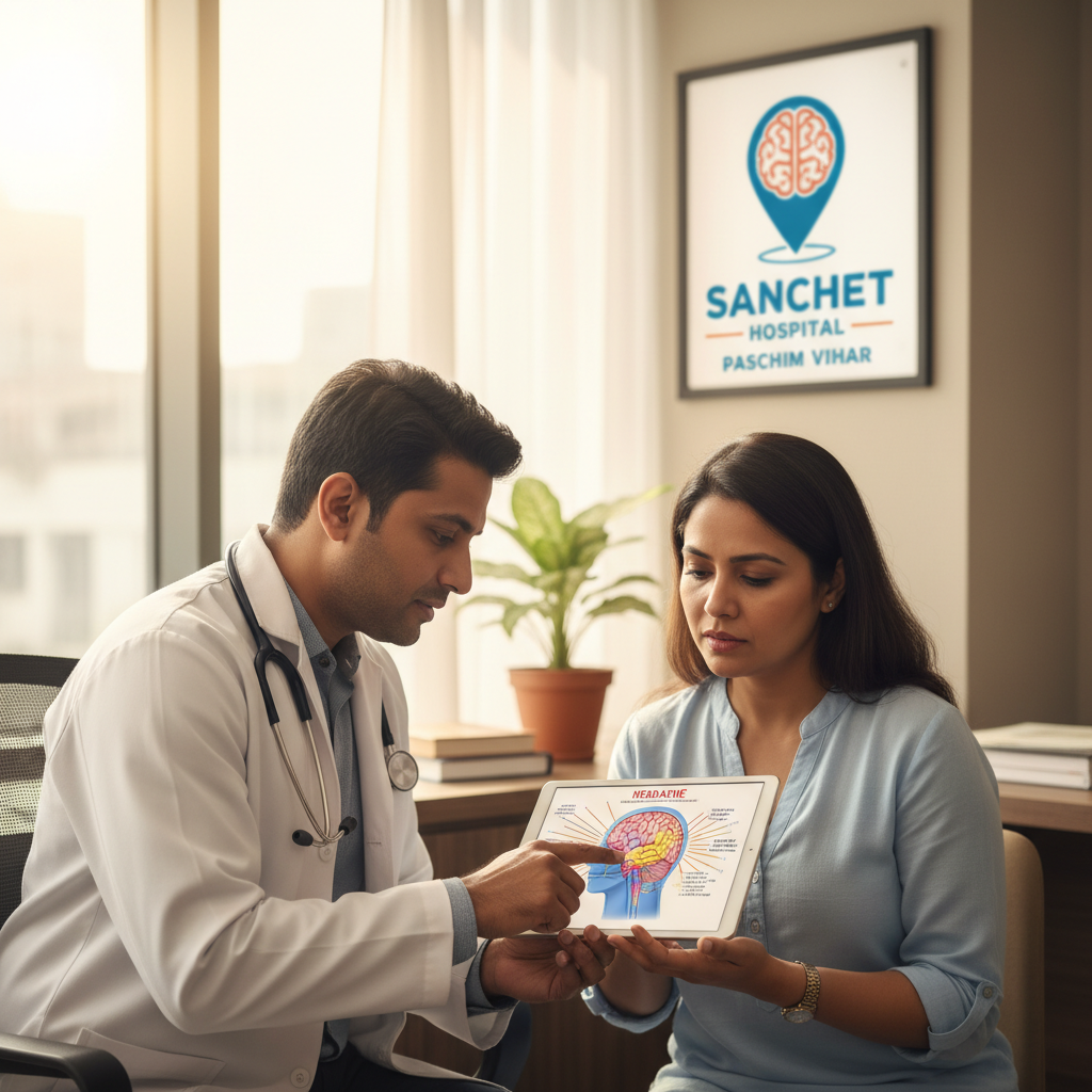 Featured image: A compassionate neurologist consulting with an adult patient in a bright clinic room, pointing at a tablet showing a brain/headache diagram; subtle map pin or Sanchet Hospital sign indicating Paschim Vihar location. Alt text: 'Neurologist consulting patient about headache at Sanchet Hospital, Paschim Vihar.'