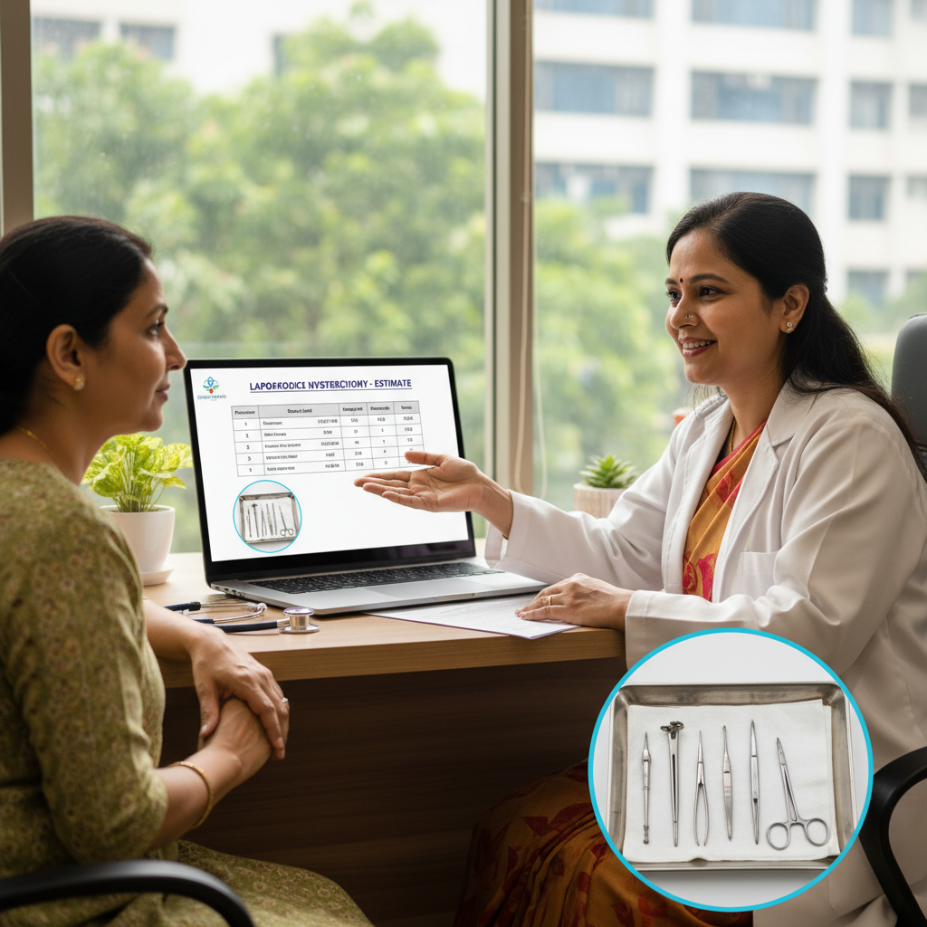 A caring female gynaecologist consulting a middle‑aged woman in a bright Sanchet Hospital consultation room, laptop on the desk showing a clear cost estimate and an inset image of laparoscopic hysterectomy