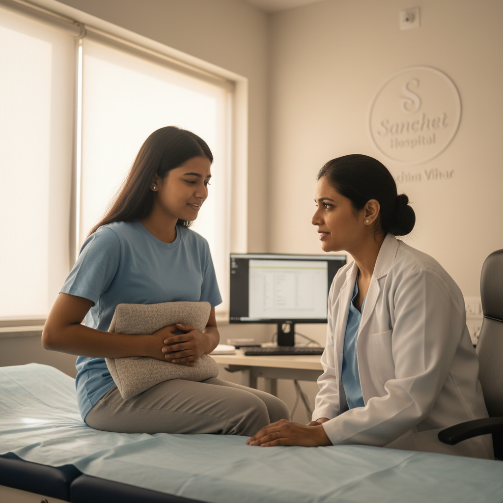 Featured image showing a compassionate female gynecologist consulting with a young woman holding a warm compress to her lower abdomen. The clinical setting is bright and calm with subtle Sanchet Hospital branding and a Paschim Vihar location hint; image evokes professional care, reassurance, and practical relief for painful periods.