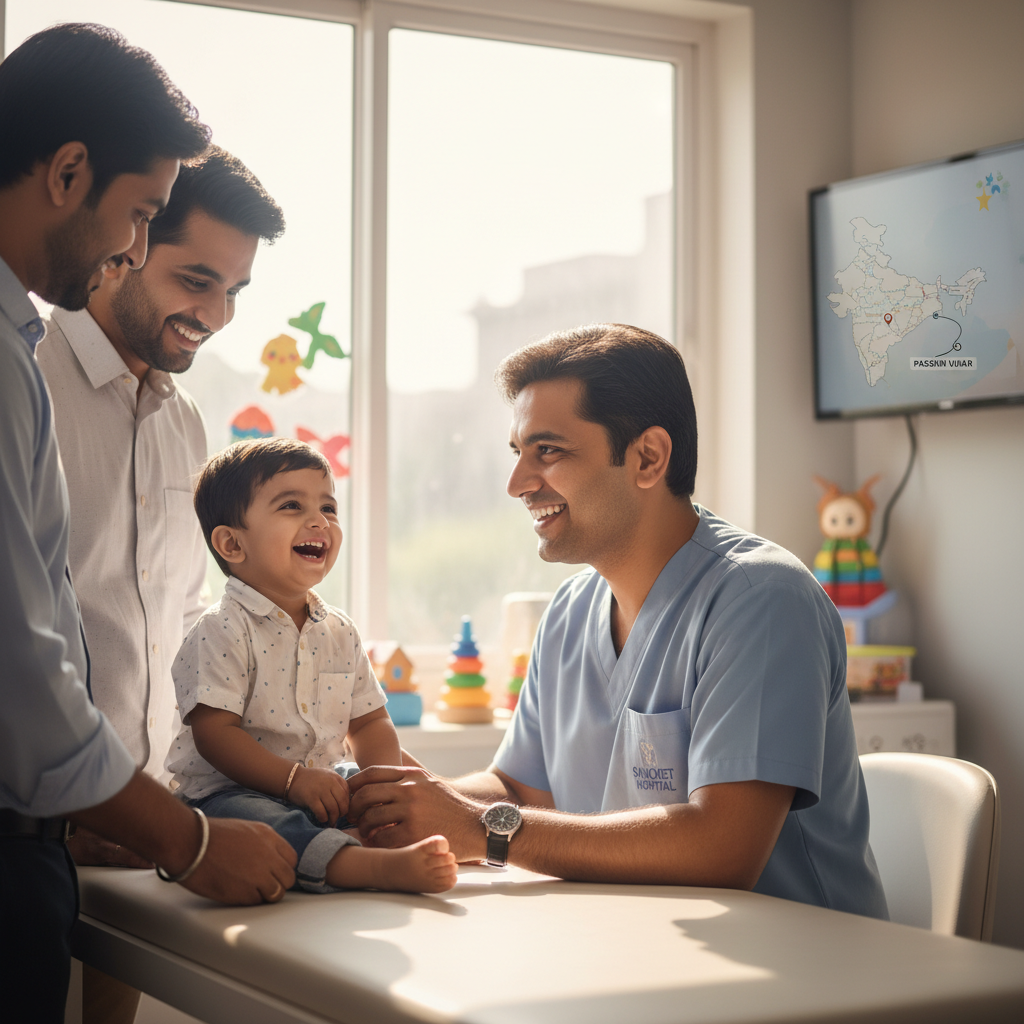 Featured image: a warm, bright clinic scene showing a smiling pediatrician examining a happy toddler with attentive parents; include subtle Sanchet Hospital branding and a small inset map graphic indicating the short drive from Mangolpuri to Paschim Vihar.