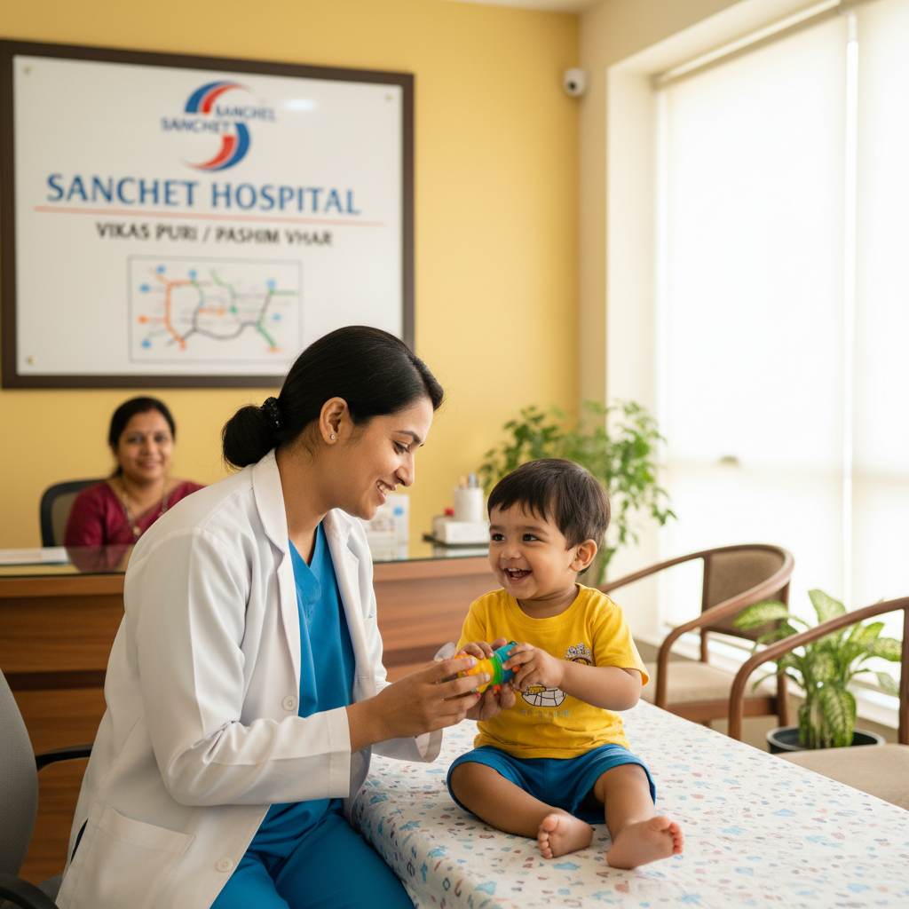 A warm, high-resolution photo of a pediatrician gently examining a smiling toddler on an examination table in a bright clinic room. Visible in the background is a friendly reception area with signage indicating 'Sanchet Hospital' and a small map showing proximity to Vikas Puri / Paschim Vihar, conveying trust and local accessibility.