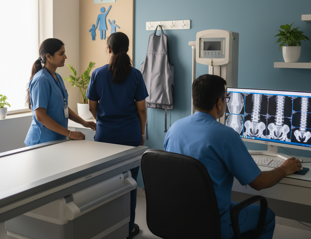 A friendly radiology suite at Sanchet Hospital showing a patient undergoing a digital spinal X-ray with a radiographer nearby, a lead apron visible, and a radiologist reviewing high-resolution images on a monitor. Signage indicates Paschim Vihar location to reinforce local, family-focused care.